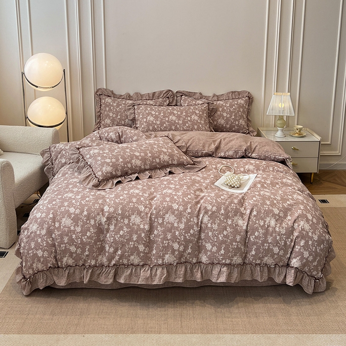 91家纺网 家纺一手货源 找家纺 逸林家纺《原希尔顿逸林》 2025秋冬新品加厚高克重亚麻复古原麻皱皱纱印花四件套法式花边 花颜