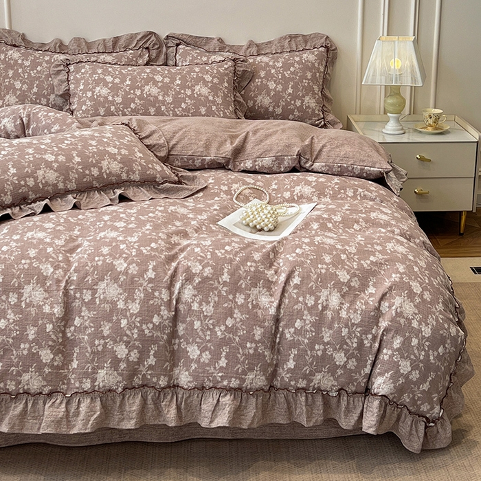 91家纺网 家纺一手货源 找家纺 逸林家纺《原希尔顿逸林》 2025秋冬新品加厚高克重亚麻复古原麻皱皱纱印花四件套法式花边 花颜