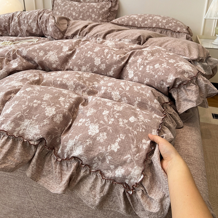 91家纺网 家纺一手货源 找家纺 逸林家纺《原希尔顿逸林》 2025秋冬新品加厚高克重亚麻复古原麻皱皱纱印花四件套法式花边 花颜