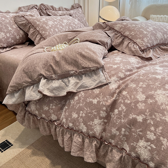 91家纺网 家纺一手货源 找家纺 逸林家纺《原希尔顿逸林》 2025秋冬新品加厚高克重亚麻复古原麻皱皱纱印花四件套法式花边 花颜