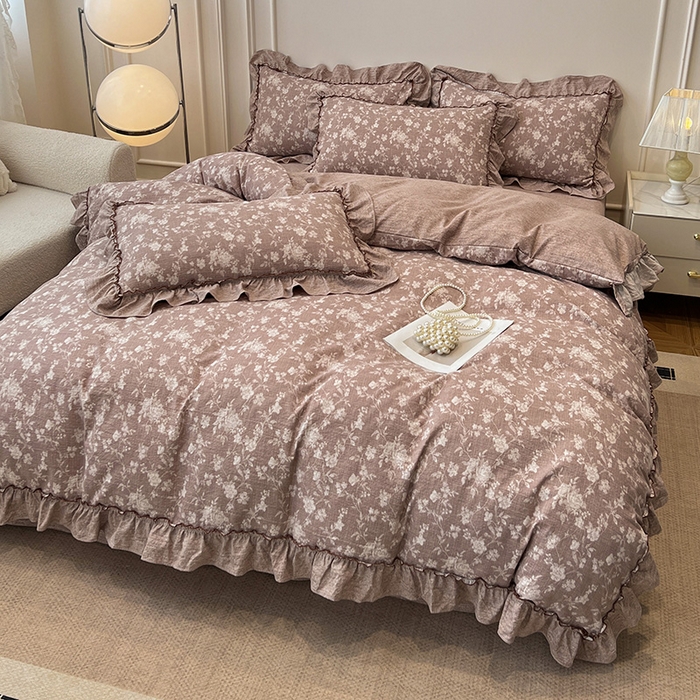 91家纺网 家纺一手货源 找家纺 逸林家纺《原希尔顿逸林》 2025秋冬新品加厚高克重亚麻复古原麻皱皱纱印花四件套法式花边 花颜