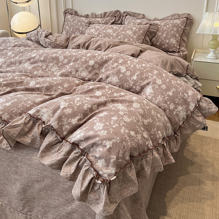 91家纺网 家纺一手货源 找家纺 逸林家纺《原希尔顿逸林》 2025秋冬新品加厚高克重亚麻复古原麻皱皱纱印花四件套法式花边 花颜