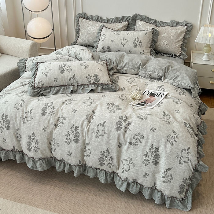 91家纺网 家纺一手货源 找家纺 逸林家纺《原希尔顿逸林》 2025秋冬新品加厚高克重亚麻复古原麻皱皱纱印花四件套法式花边 莱茵河畔