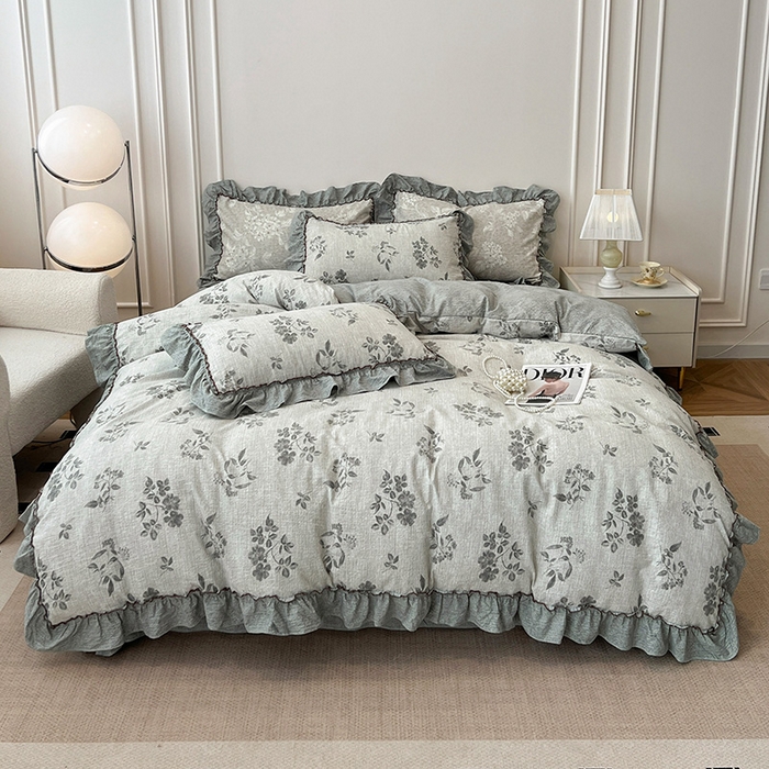 91家纺网 家纺一手货源 找家纺 逸林家纺《原希尔顿逸林》 2025秋冬新品加厚高克重亚麻复古原麻皱皱纱印花四件套法式花边 莱茵河畔