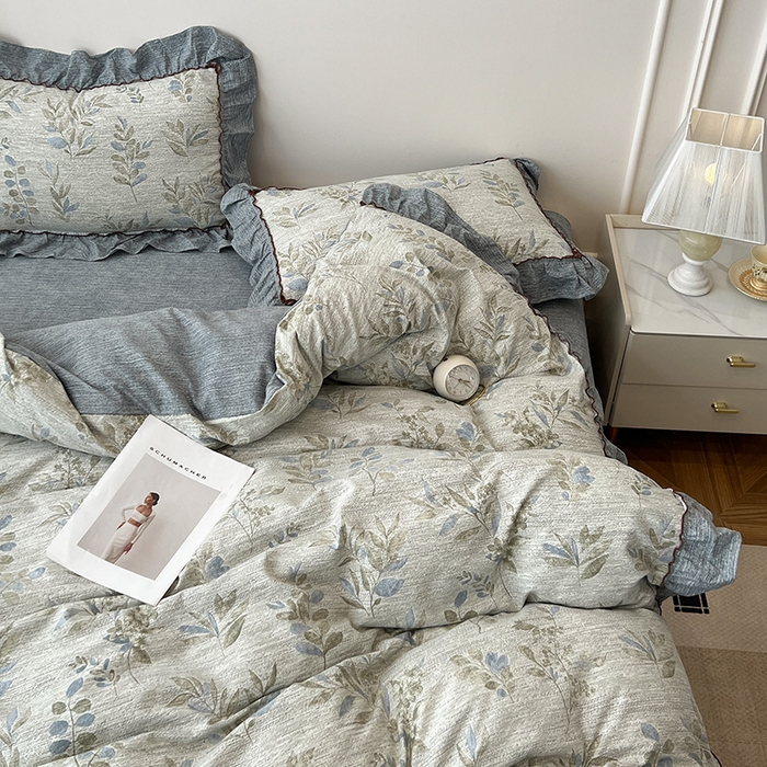 91家纺网 家纺一手货源 找家纺 逸林家纺《原希尔顿逸林》 2025秋冬新品加厚高克重亚麻复古原麻皱皱纱印花四件套法式花边 香榭花园