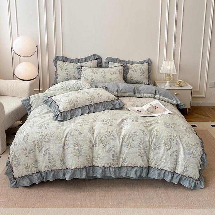 91家纺网 家纺一手货源 找家纺 逸林家纺《原希尔顿逸林》 2025秋冬新品加厚高克重亚麻复古原麻皱皱纱印花四件套法式花边 香榭花园