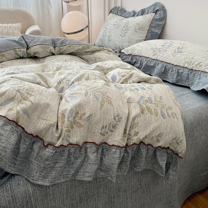 91家纺网 家纺一手货源 找家纺 逸林家纺《原希尔顿逸林》 2025秋冬新品加厚高克重亚麻复古原麻皱皱纱印花四件套法式花边 香榭花园