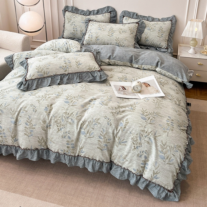 91家纺网 家纺一手货源 找家纺 逸林家纺《原希尔顿逸林》 2025秋冬新品加厚高克重亚麻复古原麻皱皱纱印花四件套法式花边 香榭花园