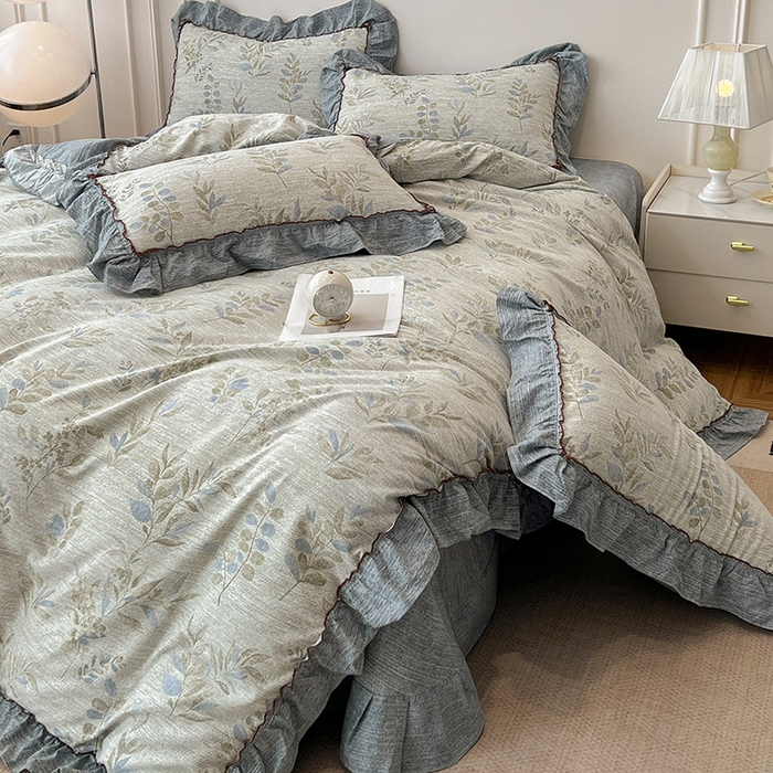 91家纺网 家纺一手货源 找家纺 逸林家纺《原希尔顿逸林》 2025秋冬新品加厚高克重亚麻复古原麻皱皱纱印花四件套法式花边 香榭花园