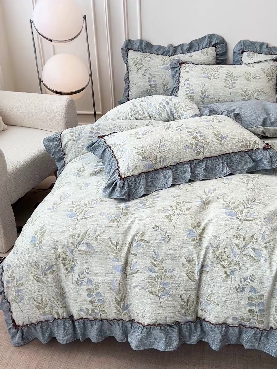 91家纺网 家纺一手货源 找家纺 逸林家纺《原希尔顿逸林》 2025秋冬新品加厚高克重亚麻复古原麻皱皱纱印花四件套法式花边 香榭花园