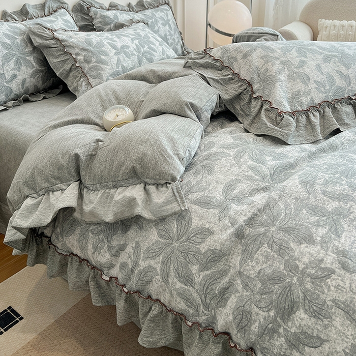 91家纺网 家纺一手货源 找家纺 逸林家纺《原希尔顿逸林》 2025秋冬新品加厚高克重亚麻复古原麻皱皱纱印花四件套法式花边 叶之舞