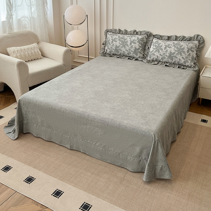 91家纺网 家纺一手货源 找家纺 逸林家纺《原希尔顿逸林》 2025秋冬新品加厚高克重亚麻复古原麻皱皱纱印花四件套法式花边 叶之舞