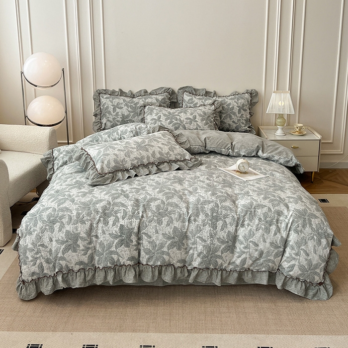 91家纺网 家纺一手货源 找家纺 逸林家纺《原希尔顿逸林》 2025秋冬新品加厚高克重亚麻复古原麻皱皱纱印花四件套法式花边 叶之舞