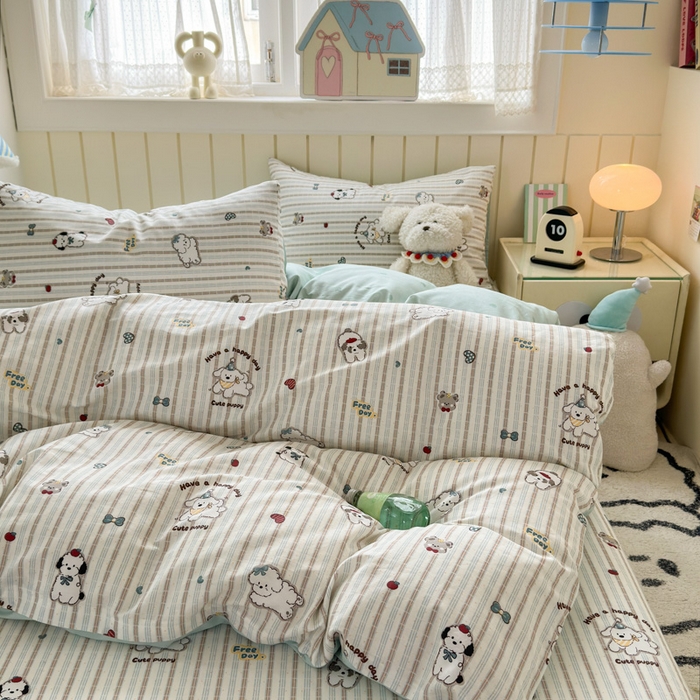 91家纺网 家纺一手货源 找家纺 曼之夏 2025新款全棉纯棉40支学生季卡通印花四件套 茶茶狗