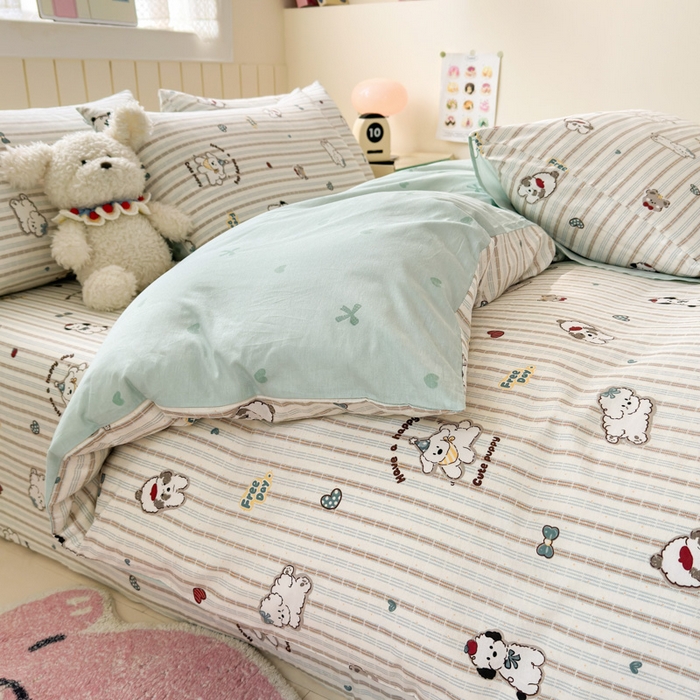 91家纺网 家纺一手货源 找家纺 曼之夏 2025新款全棉纯棉40支学生季卡通印花四件套 茶茶狗