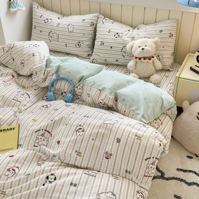 91家纺网 家纺一手货源 找家纺 曼之夏 2025新款全棉纯棉40支学生季卡通印花四件套 茶茶狗