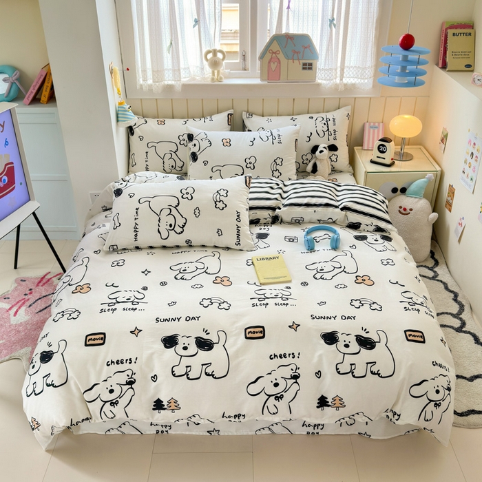 91家纺网 家纺一手货源 找家纺 曼之夏 2025新款全棉纯棉40支学生季卡通印花四件套 嗨皮狗