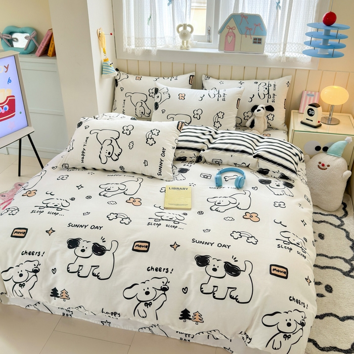 91家纺网 家纺一手货源 找家纺 曼之夏 2025新款全棉纯棉40支学生季卡通印花四件套 嗨皮狗