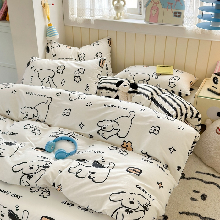 91家纺网 家纺一手货源 找家纺 曼之夏 2025新款全棉纯棉40支学生季卡通印花四件套 嗨皮狗