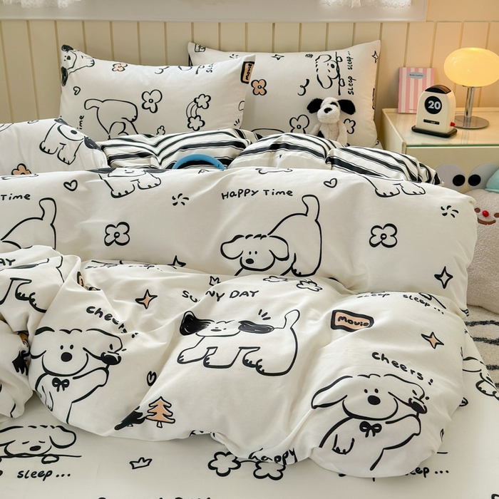 91家纺网 家纺一手货源 找家纺 曼之夏 2025新款全棉纯棉40支学生季卡通印花四件套 嗨皮狗