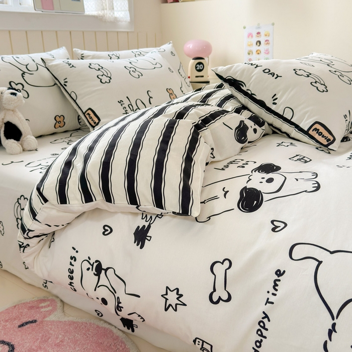 91家纺网 家纺一手货源 找家纺 曼之夏 2025新款全棉纯棉40支学生季卡通印花四件套 嗨皮狗