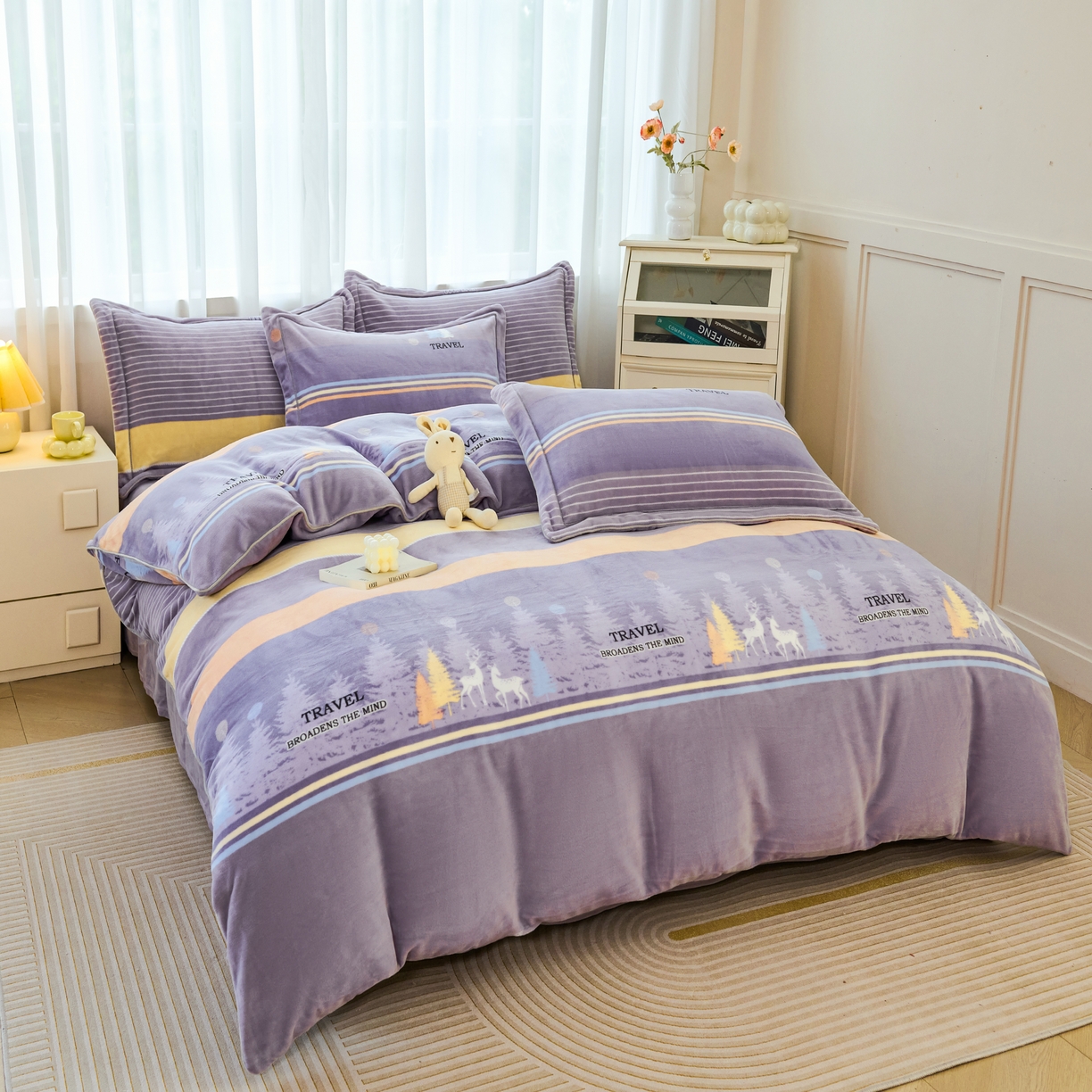 91家纺网 家纺一手货源 找家纺 尚品凤凰2025新款高克重印花牛奶绒四件套-工艺款 林深见鹿-灰