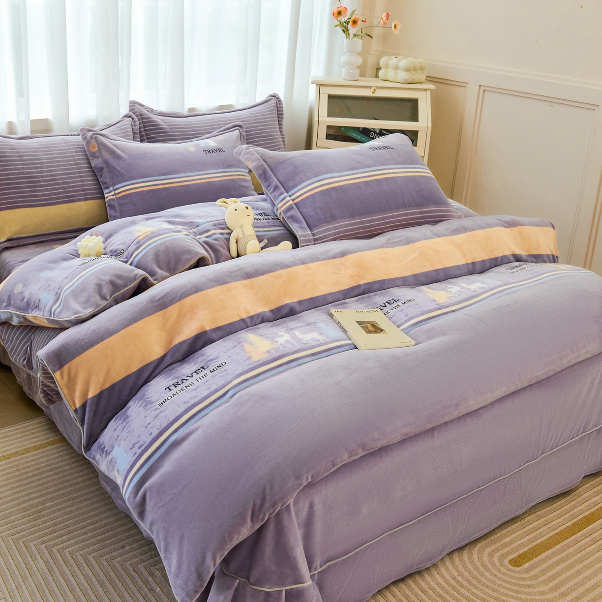 91家纺网 家纺一手货源 找家纺 尚品凤凰2025新款高克重印花牛奶绒四件套-工艺款 林深见鹿-灰