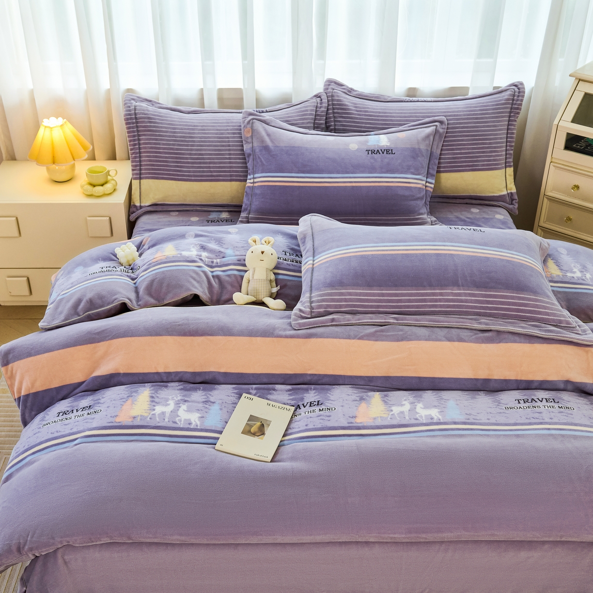 91家纺网 家纺一手货源 找家纺 尚品凤凰2025新款高克重印花牛奶绒四件套-工艺款 林深见鹿-灰