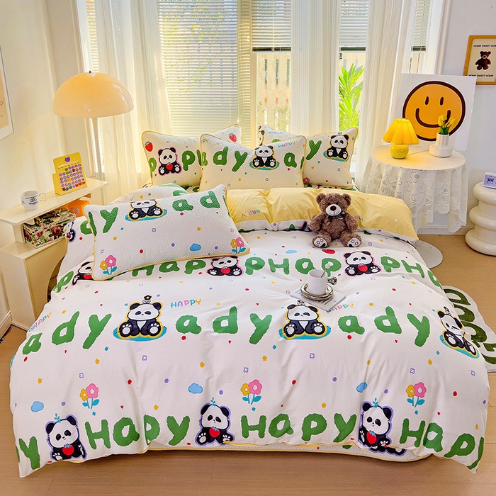 91家纺网 家纺一手货源 找家纺 羽爱家纺 2025新款A类双面印花全棉水洗床盖套件-三件套 欢乐熊猫-