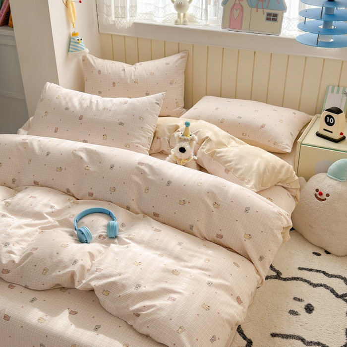 91家纺网 家纺一手货源 找家纺 曼之夏 2025新款全棉纯棉40支学生季卡通印花四件套 泡芙小象