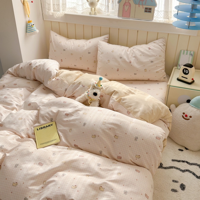 91家纺网 家纺一手货源 找家纺 曼之夏 2025新款全棉纯棉40支学生季卡通印花四件套 泡芙小象