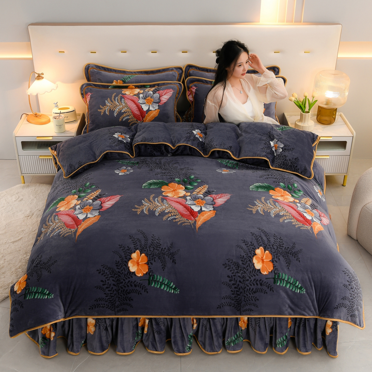 91家纺网 家纺一手货源 找家纺 贝诗梦 2025新款牛奶绒金貂绒法莱绒单被套 盛宴花开