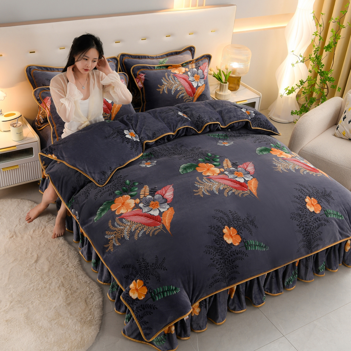 91家纺网 家纺一手货源 找家纺 贝诗梦 2025新款牛奶绒金貂绒法莱绒单被套 盛宴花开