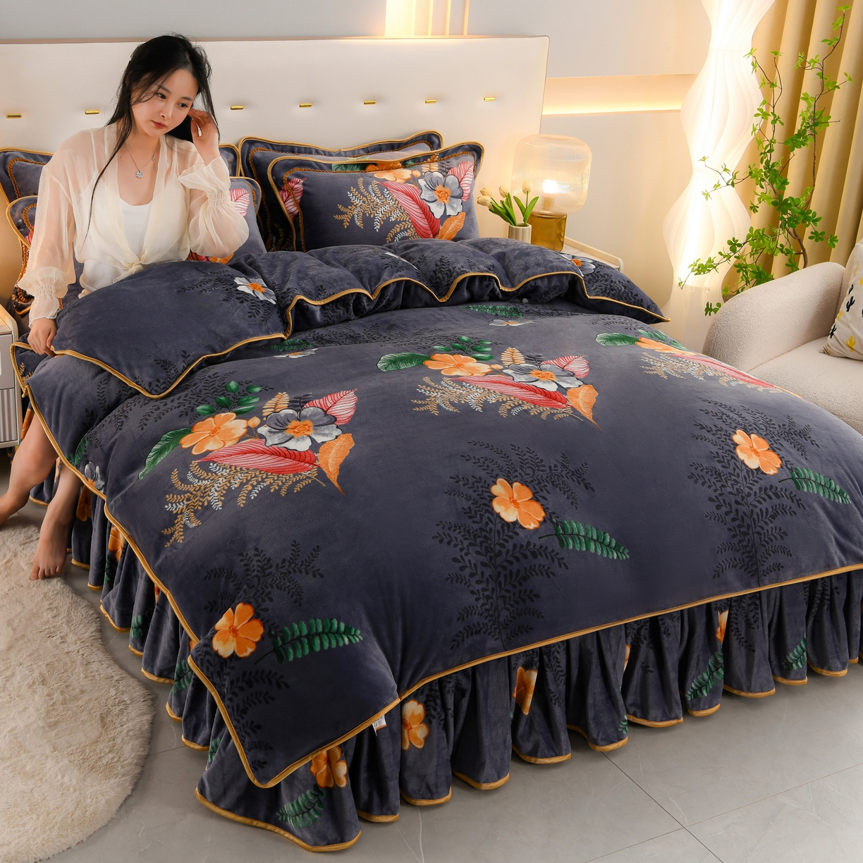 91家纺网 家纺一手货源 找家纺 贝诗梦 2025新款牛奶绒金貂绒法莱绒单被套 盛宴花开