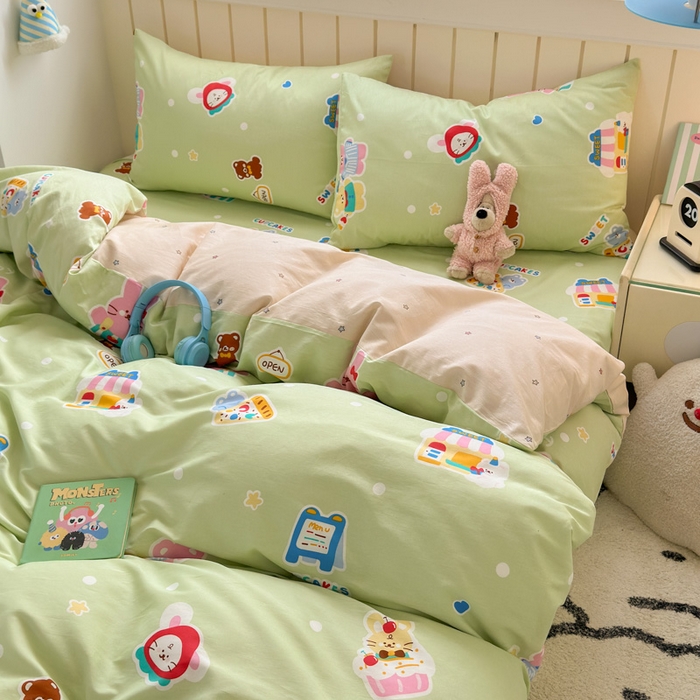 91家纺网 家纺一手货源 找家纺 曼之夏 2025新款全棉纯棉40支学生季卡通印花四件套 趣味熊