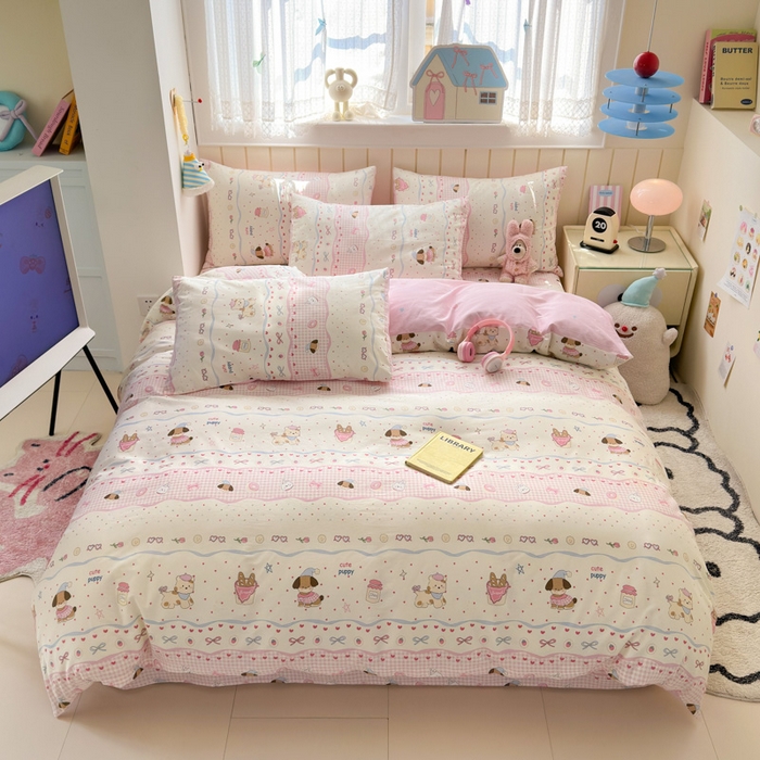 91家纺网 家纺一手货源 找家纺 曼之夏 2025新款全棉纯棉40支学生季卡通印花四件套 甜甜圈