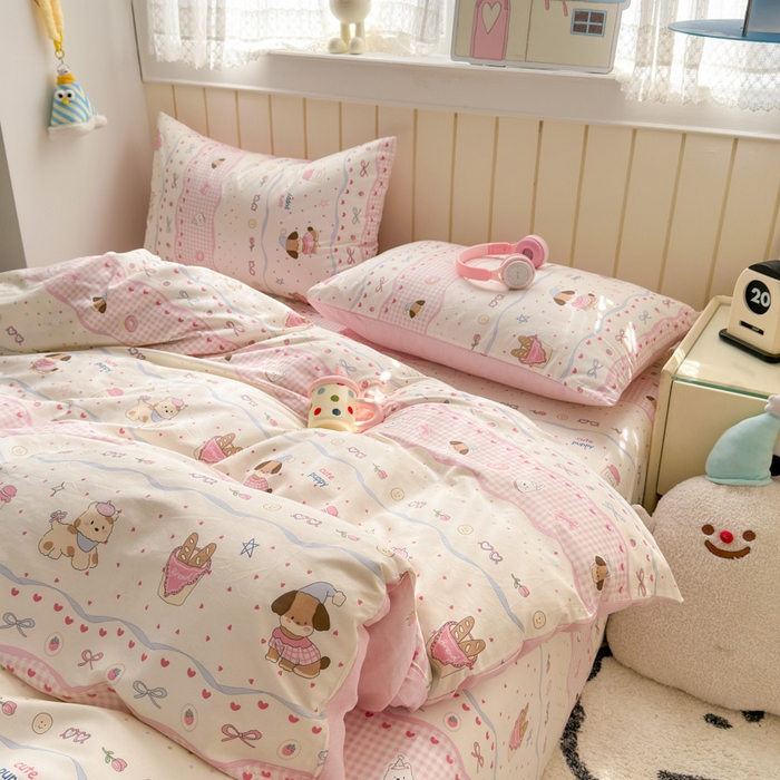 91家纺网 家纺一手货源 找家纺 曼之夏 2025新款全棉纯棉40支学生季卡通印花四件套 甜甜圈