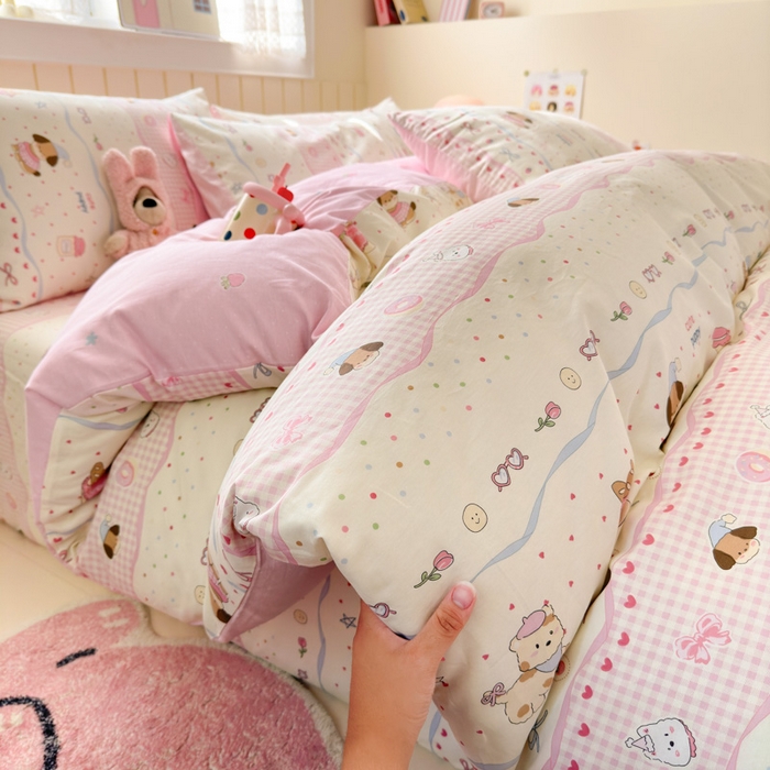 91家纺网 家纺一手货源 找家纺 曼之夏 2025新款全棉纯棉40支学生季卡通印花四件套 甜甜圈