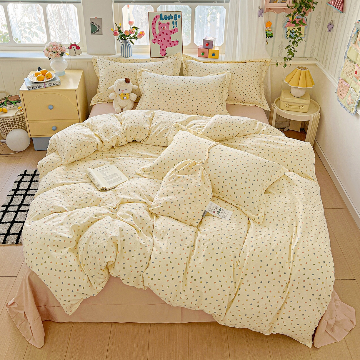 梦莱斯 2025新款韩国小布袋古法云感棉四件套 彩色方块