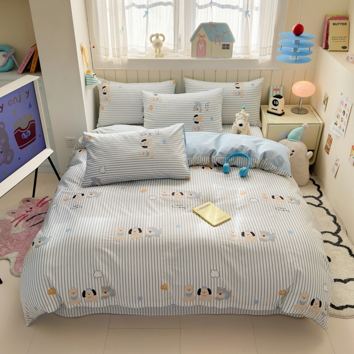 91家纺网 家纺一手货源 找家纺 曼之夏 2025新款全棉纯棉40支学生季卡通印花四件套 小狗日记