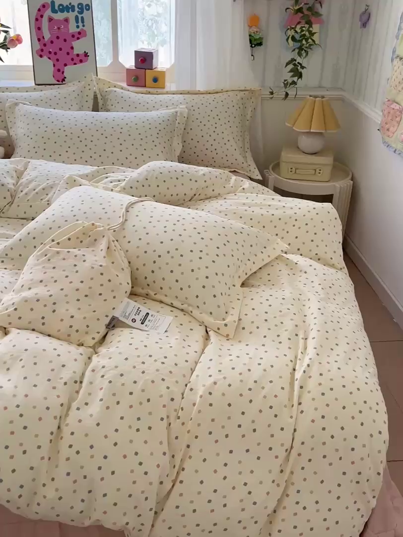 91家纺网 家纺一手货源 找家纺 梦莱斯 2025新款韩国小布袋古法云感棉四件套 彩色方块