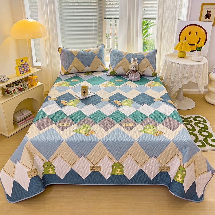 羽爱家纺 2025新款A类双面印花全棉水洗床盖套件-三件套 菱形恐龙-