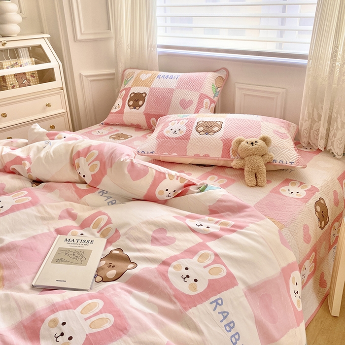 91家纺网 家纺一手货源 找家纺 羽爱家纺 2025新款A类双面印花全棉水洗床盖套件-三件套 奶油兔-