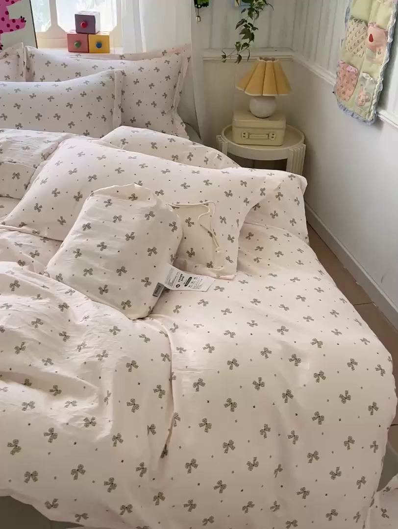 91家纺网 家纺一手货源 找家纺 梦莱斯 2025新款韩国小布袋古法云感棉四件套 情人节绿