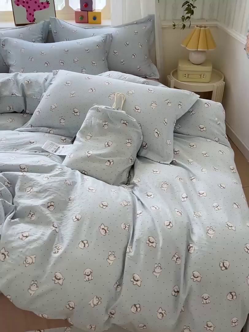 91家纺网 家纺一手货源 找家纺 梦莱斯 2025新款韩国小布袋古法云感棉四件套 星星狗