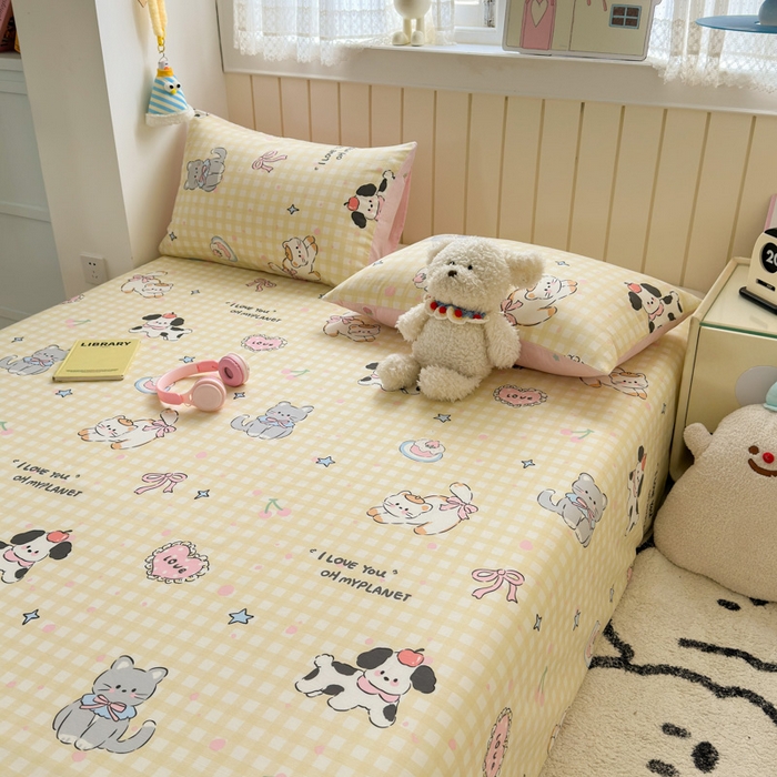 91家纺网 家纺一手货源 找家纺 曼之夏 2025新款全棉纯棉40支学生季卡通印花床单单床单床单单件 格子猫