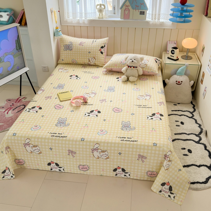 91家纺网 家纺一手货源 找家纺 曼之夏 2025新款全棉纯棉40支学生季卡通印花床单单床单床单单件 格子猫