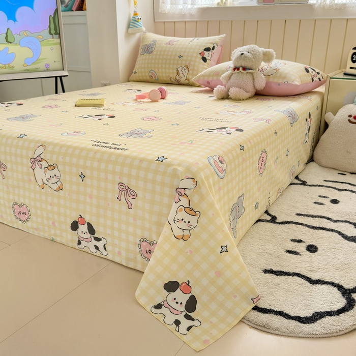 91家纺网 家纺一手货源 找家纺 曼之夏 2025新款全棉纯棉40支学生季卡通印花床单单床单床单单件 格子猫