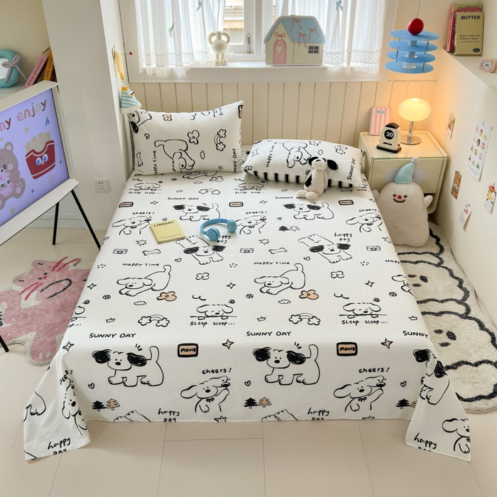 91家纺网 家纺一手货源 找家纺 曼之夏 2025新款全棉纯棉40支学生季卡通印花床单单床单床单单件 嗨皮狗