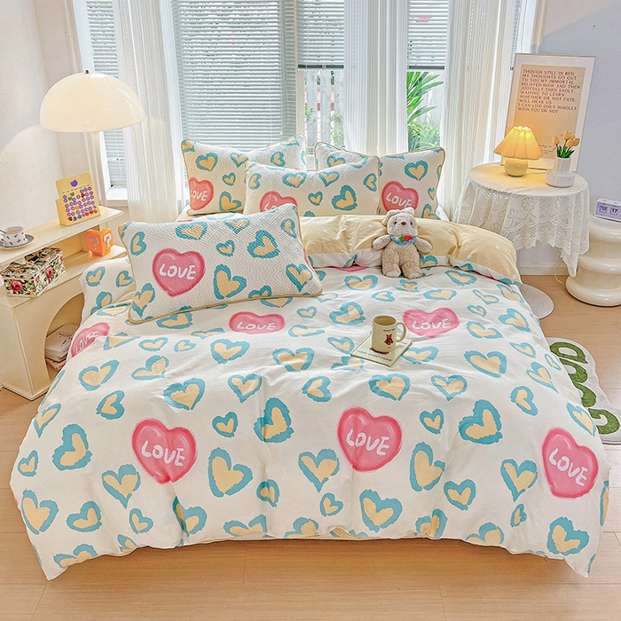 91家纺网 家纺一手货源 找家纺 羽爱家纺 2025新款A类双面印花全棉水洗床盖套件-三件套 心情-